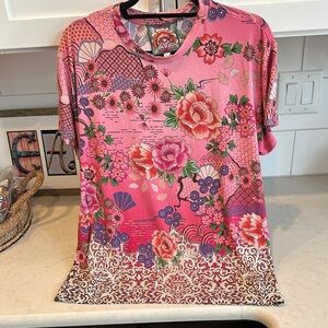 Johnny Was Pink and Purple Floral Short Sleeve Tee